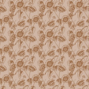 Toile de jouy grapevines and sunflowers terracotta brown tan - small scale