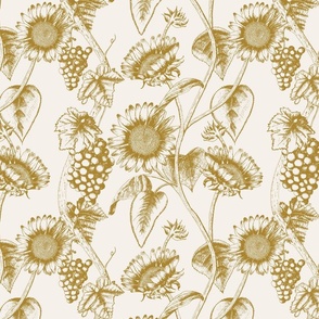 Toile de jouy grapevines and sunflowers ocher yellow - medium scale