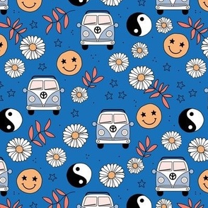 Flower power road trip vacation - daisies smileys and yingyang hippie elements retro summer fall design orange on classic blue