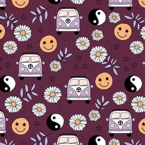 Flower power road trip vacation - daisies smileys and yingyang hippie elements retro summer design orange lilac purple on burgundy