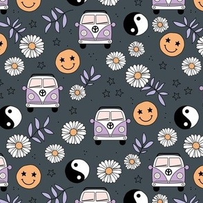 Flower power road trip vacation - daisies smileys and yingyang hippie elements retro summer fall design orange lilac purple on cool charcoal