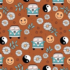 Flower power road trip vacation - daisies smileys and yingyang hippie elements retro summer fall design burnt orange aqua yellow boys palette