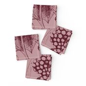 Toile de jouy grapevines and sunflowers burgundy red and pink - large scale