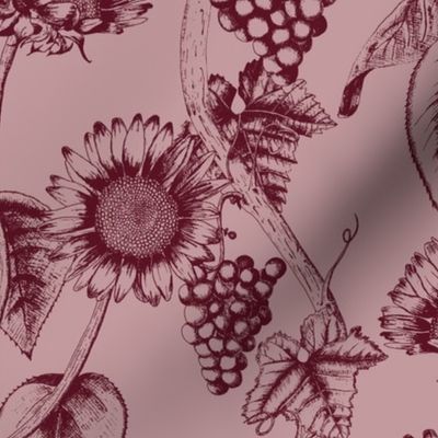 Toile de jouy grapevines and sunflowers burgundy red and pink - medium scale
