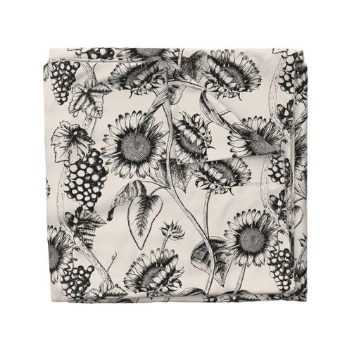 Toile de jouy grapevines and sunflowers black and white - large scale