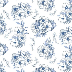 Hand Drawn French Country Flowers, in Blue and White