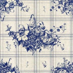 French country cottage checkers in navy blue with delft tableware inspired flowers