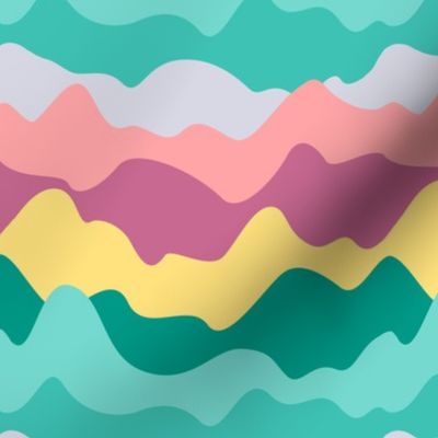 Organic wavy wonky mountains hills in teal blue green turquoise lemoan yellow coral peachy pink soft pastel delicate colors