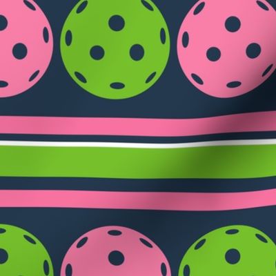 Large Scale Pickleball Sporty Stripes in Pink and Green on Navy