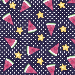 Wonderful Watermelon     |       Mid-scale with pink, yellow and white on Navy Blue