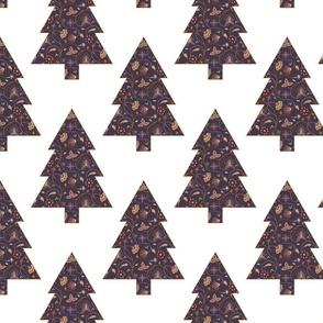 Christmas trees grid with boho chintz pattern purple - large scale