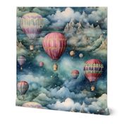 Hot Air Balloons, Colorful Watercolor Fantasy Rainbow, Clouds Sky Stars Steampunk, Teal