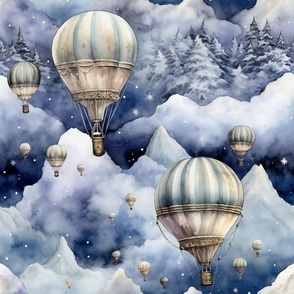 Hot Air Balloons, Colorful Watercolor Fantasy Rainbow, Clouds Sky Stars Steampunk, Winter