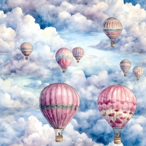 Hot Air Balloons, Colorful Watercolor Fantasy Rainbow, Clouds Sky Stars Steampunk, Light Blue