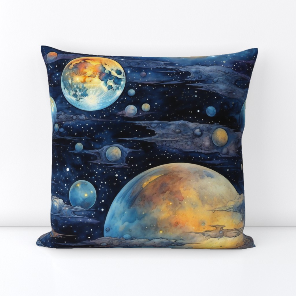 Space Planets Stars, Colorful Watercolor Fantasy Rainbow, Outer Space Nebula, Gold and Blue