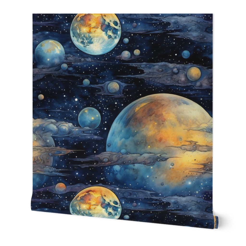 Space Planets Stars, Colorful Watercolor Fantasy Rainbow, Outer Space Nebula, Gold and Blue