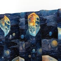 Space Planets Stars, Colorful Watercolor Fantasy Rainbow, Outer Space Nebula, Gold and Blue