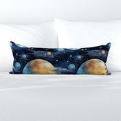 Space Planets Stars, Colorful Watercolor Fantasy Rainbow, Outer Space Nebula, Gold and Blue