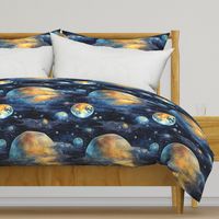 Space Planets Stars, Colorful Watercolor Fantasy Rainbow, Outer Space Nebula, Gold and Blue