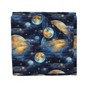 Space Planets Stars, Colorful Watercolor Fantasy Rainbow, Outer Space Nebula, Gold and Blue