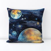 Space Planets Stars, Colorful Watercolor Fantasy Rainbow, Outer Space Nebula, Gold and Blue