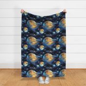 Space Planets Stars, Colorful Watercolor Fantasy Rainbow, Outer Space Nebula, Gold and Blue