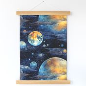 Space Planets Stars, Colorful Watercolor Fantasy Rainbow, Outer Space Nebula, Gold and Blue