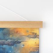 Space Planets Stars, Colorful Watercolor Fantasy Rainbow, Outer Space Nebula, Gold and Blue