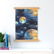 Space Planets Stars, Colorful Watercolor Fantasy Rainbow, Outer Space Nebula, Gold and Blue