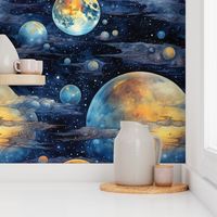 Space Planets Stars, Colorful Watercolor Fantasy Rainbow, Outer Space Nebula, Gold and Blue