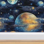 Space Planets Stars, Colorful Watercolor Fantasy Rainbow, Outer Space Nebula, Gold and Blue