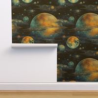 Space Planets Stars, Colorful Watercolor Fantasy Rainbow, Outer Space Nebula, Gold and Blue