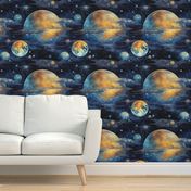 Space Planets Stars, Colorful Watercolor Fantasy Rainbow, Outer Space Nebula, Gold and Blue