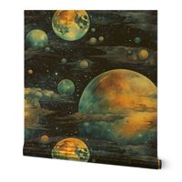 Space Planets Stars, Colorful Watercolor Fantasy Rainbow, Outer Space Nebula, Gold and Blue