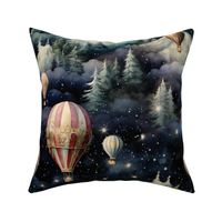 Hot Air Balloons, Colorful Watercolor Fantasy Rainbow, Clouds Sky Stars Steampunk, Forest