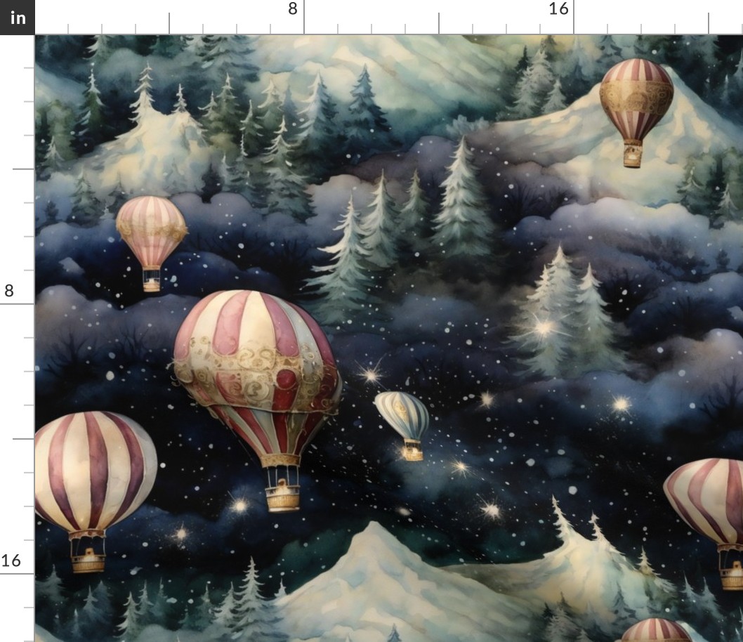 Hot Air Balloons, Colorful Watercolor Fantasy Rainbow, Clouds Sky Stars Steampunk, Forest