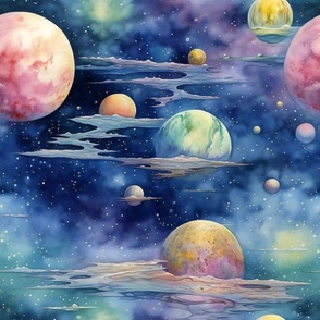 Space Planets Stars, Colorful Watercolor Fantasy Rainbow, Outer Space Nebula, Pink and Blue