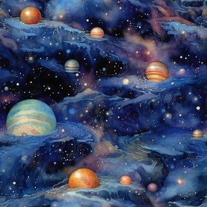 Space Planets Stars, Colorful Watercolor Fantasy Rainbow, Outer Space Nebula, Striped
