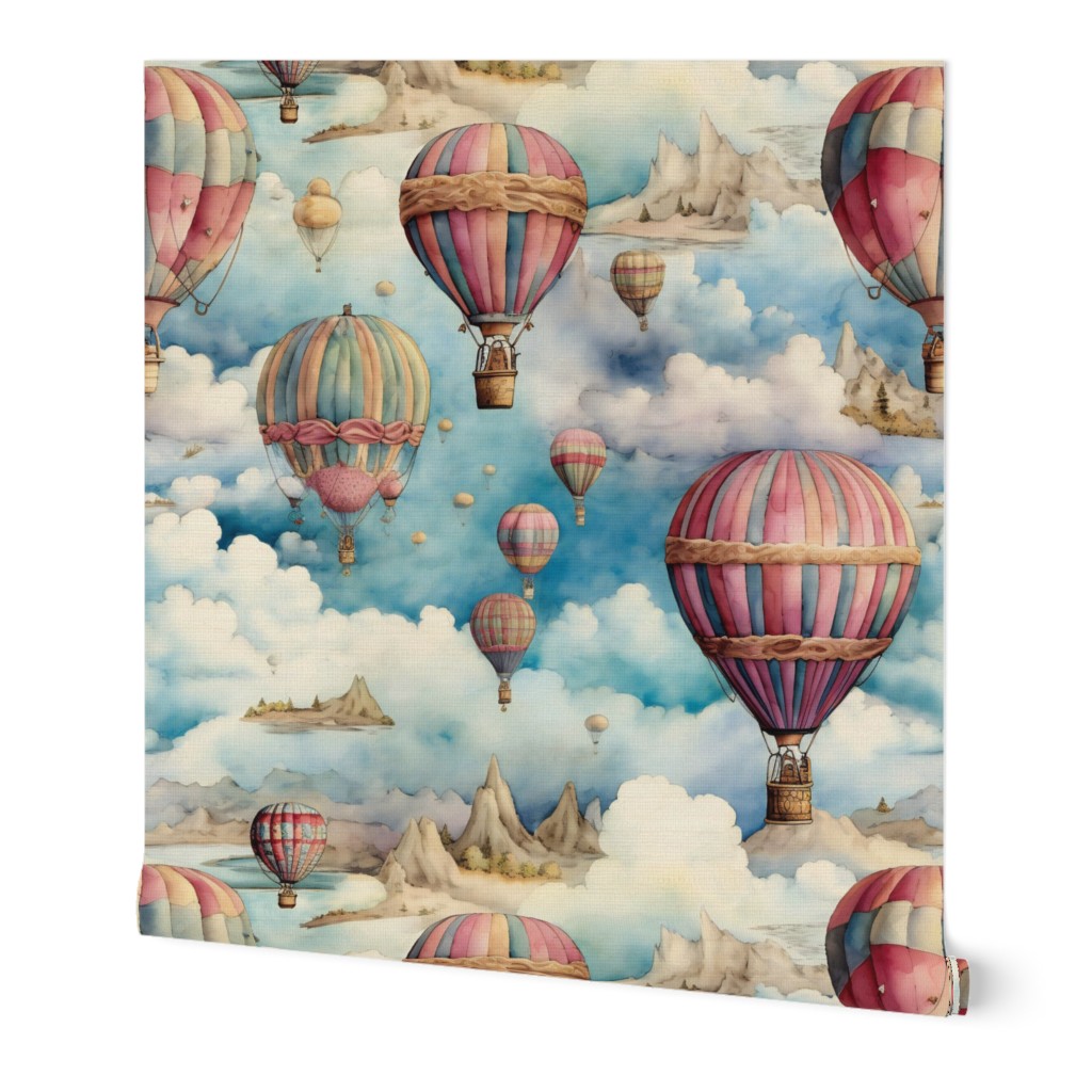 Hot Air Balloons, Colorful Watercolor Fantasy Rainbow, Clouds Sky Stars Steampunk, Pink