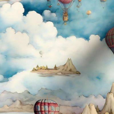 Hot Air Balloons, Colorful Watercolor Fantasy Rainbow, Clouds Sky Stars Steampunk, Pink