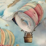 Hot Air Balloons, Colorful Watercolor Fantasy Rainbow, Clouds Sky Stars Steampunk, Pink