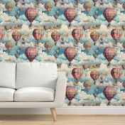 Hot Air Balloons, Colorful Watercolor Fantasy Rainbow, Clouds Sky Stars Steampunk, Pink