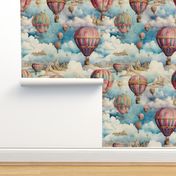 Hot Air Balloons, Colorful Watercolor Fantasy Rainbow, Clouds Sky Stars Steampunk, Pink