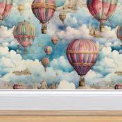 Hot Air Balloons, Colorful Watercolor Fantasy Rainbow, Clouds Sky Stars Steampunk, Pink