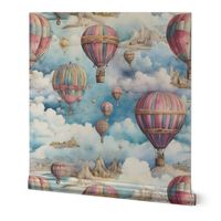 Hot Air Balloons, Colorful Watercolor Fantasy Rainbow, Clouds Sky Stars Steampunk, Pink