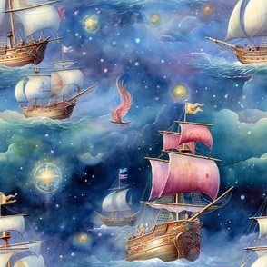 Airship Steampunk Zeppelin Ship Sail Boat Space, Colorful Watercolor Fantasy Rainbow, Blue Sky