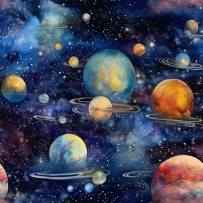Space Planets Stars, Colorful Watercolor Fantasy Rainbow, Outer Space Nebula, Multicolor