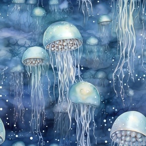 Glowing Jellyfish Jelly Fish, Colorful Watercolor Fantasy Rainbow, Luminous Space Ice Blue Jellies