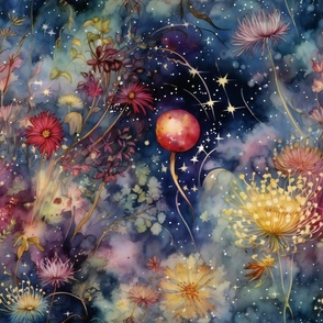 Glowing Alien Outer Space Flora Flowers, Colorful Watercolor Fantasy Rainbow, Luminous Stars