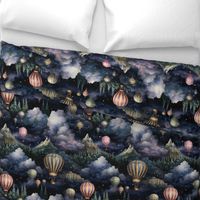 Hot Air Balloons, Colorful Watercolor Fantasy Rainbow, Clouds Sky Stars Steampunk, Night